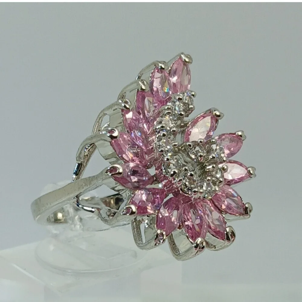 Vintage 1990s Pink Marquise Floral Swirl Cocktail Ring Silver Statement Size 8.5